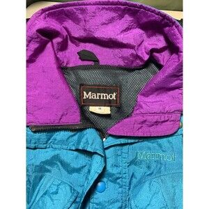 Marmot Teal Blue & Purple Full Zip Mesh Lined Snap-On Hood Anorak Raincoat Med.